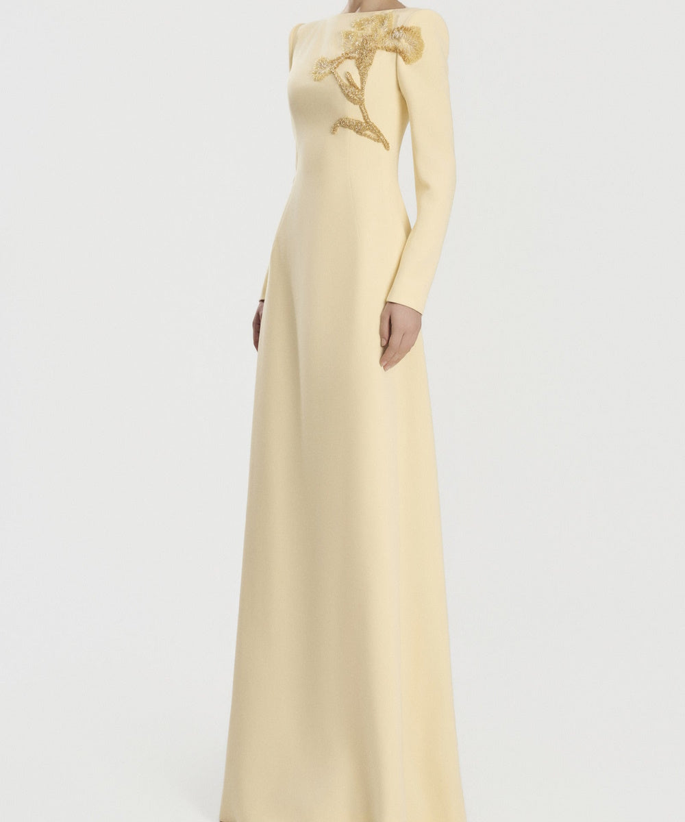 Pale Yellow Long Sleeve Boat Neck Beaded Floral Sheath Formal Gown
