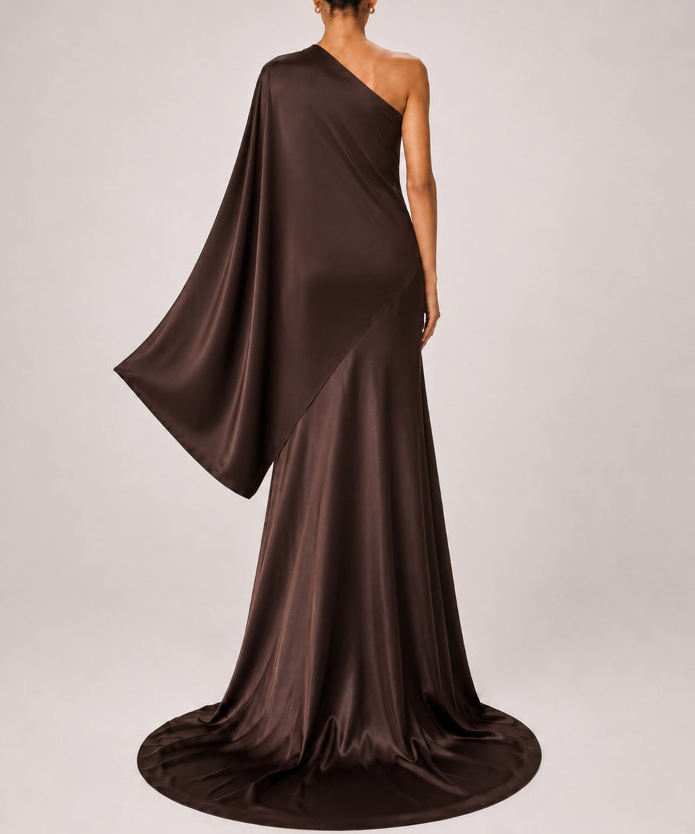 Chocolate Brown One Shoulder Satin Evening Gown With Draped Sleeve & Train