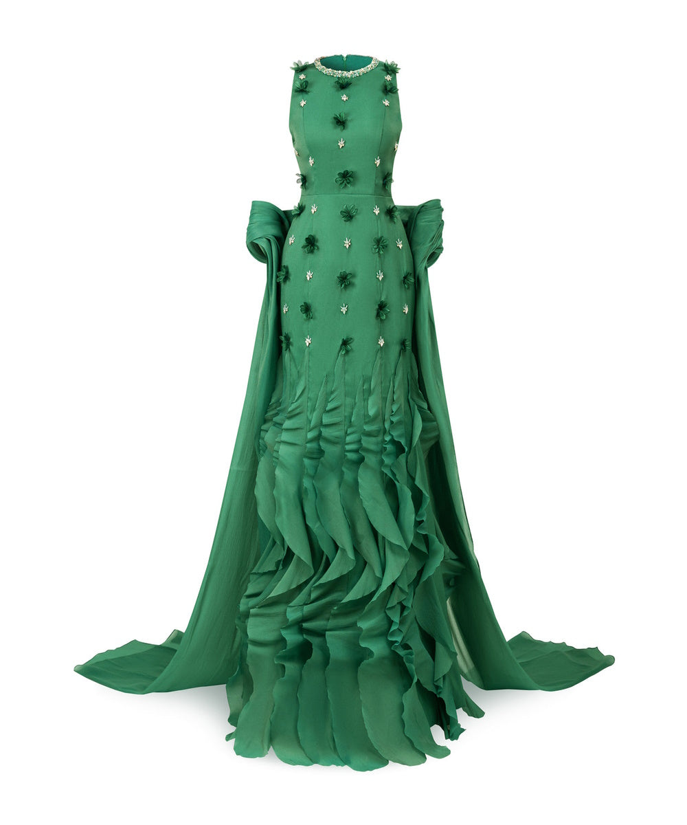 Green Sleeveless 3D Floral Beaded Ruffle Mermaid Evening Gown