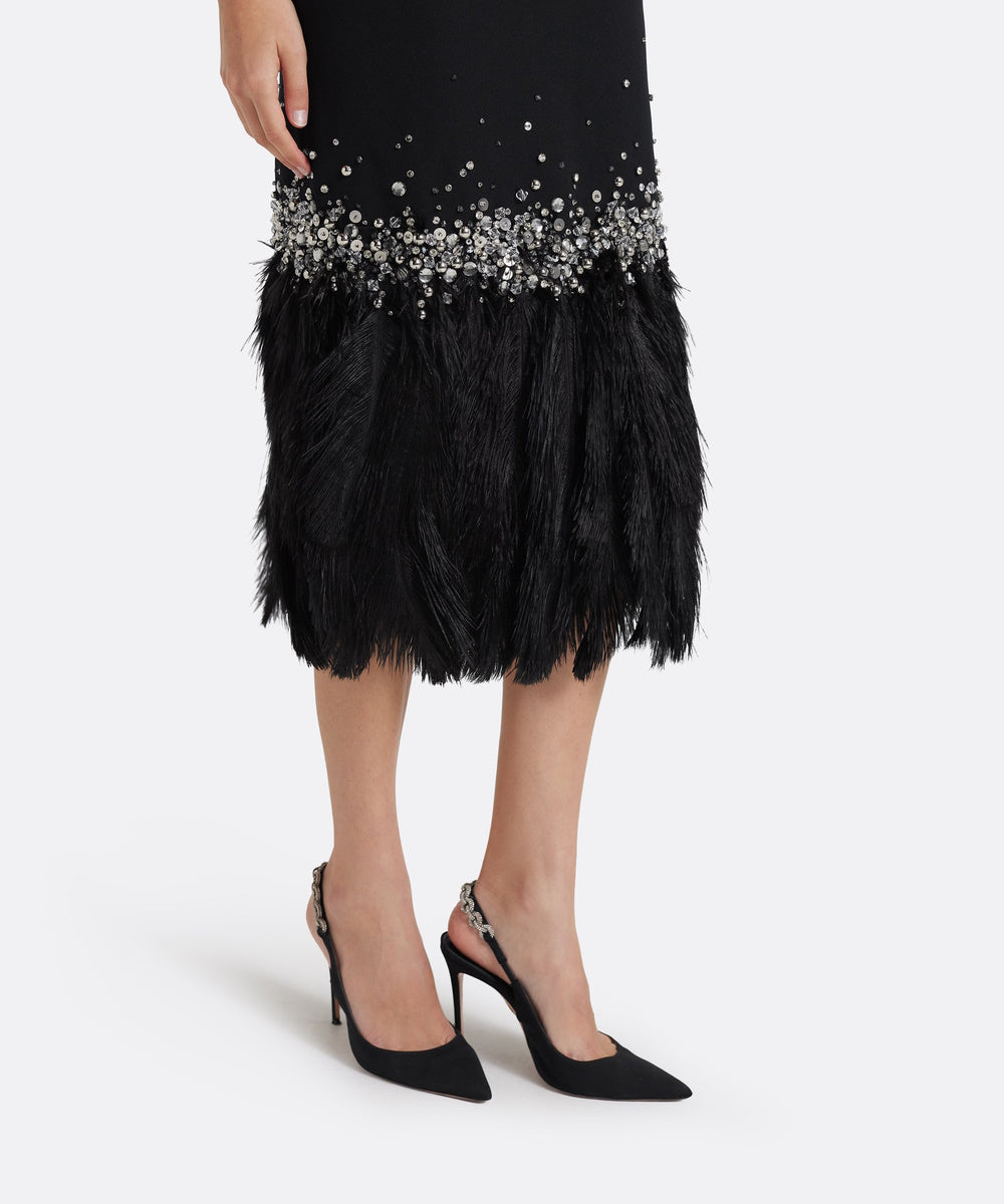 Sleeveless Shift Midi Dress With Crystal Beading And Feather Hem