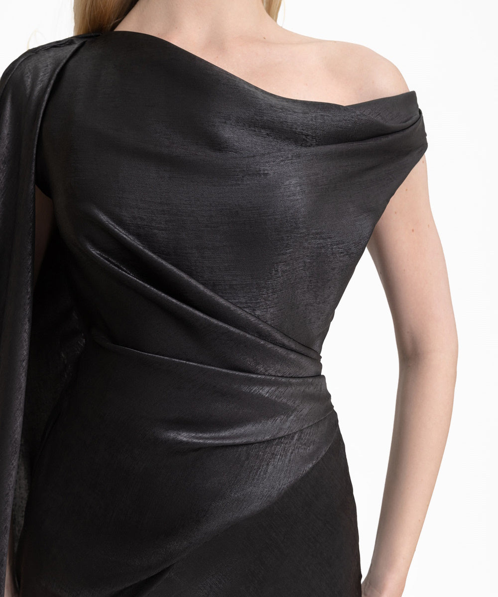 Black Metallic Satin Asymmetric Off Shoulder Mermaid Gown with Cape Drape