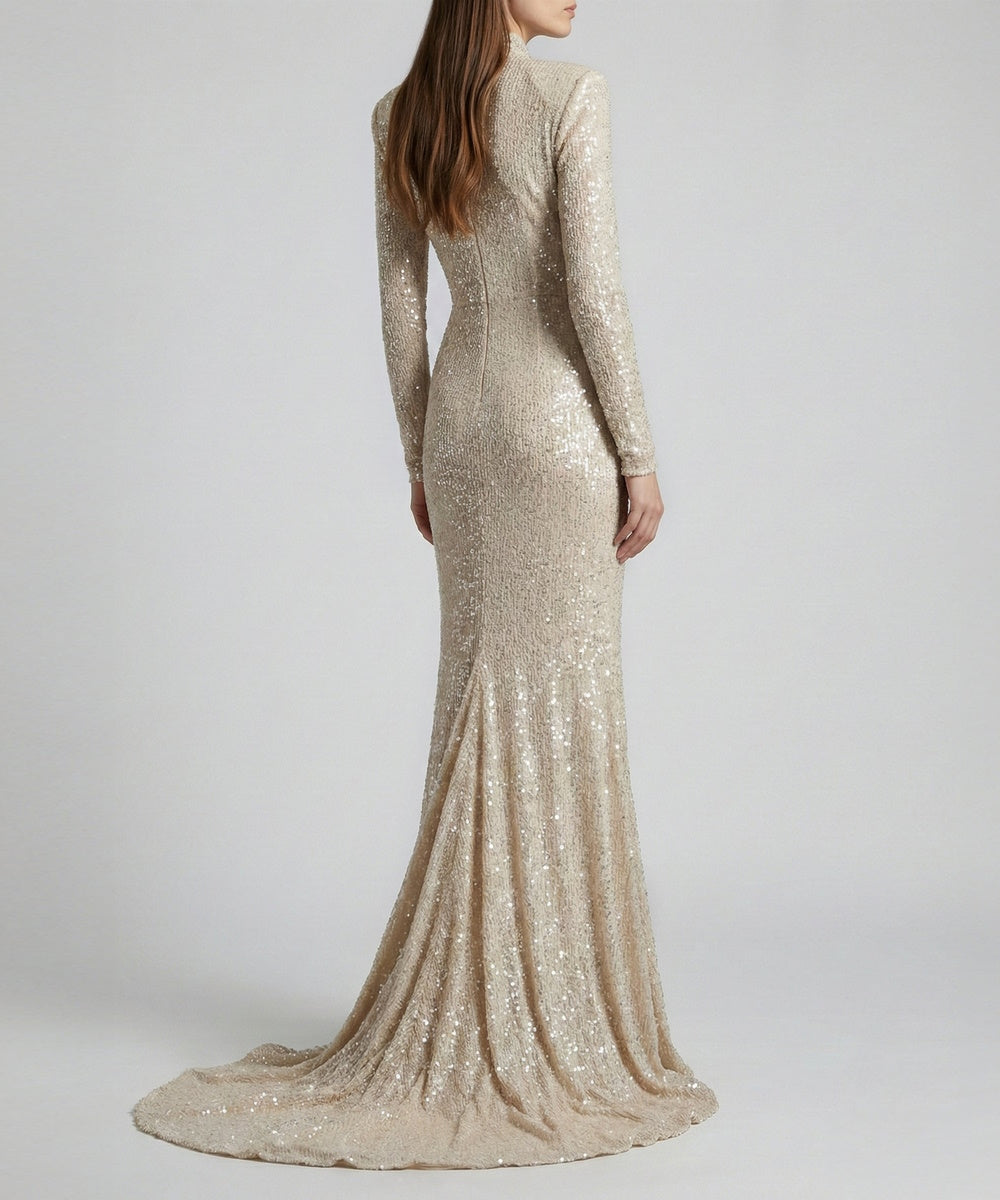Champagne Sequin High Neck Long Sleeve Mermaid Evening Gown With Train
