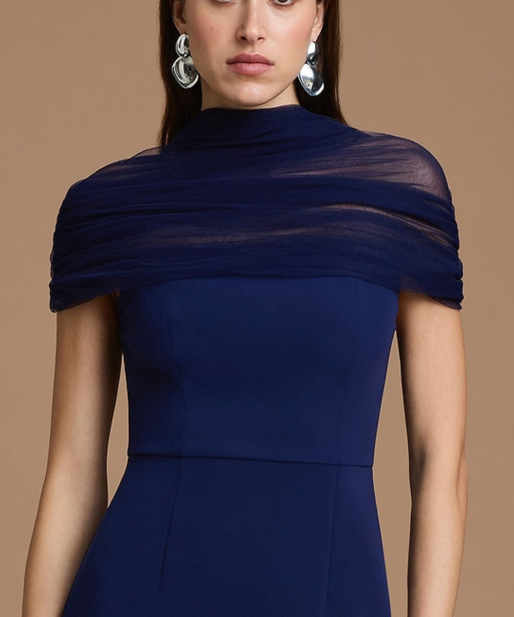Navy Blue Draped Tulle Neck Midi Sheath Evening Dress