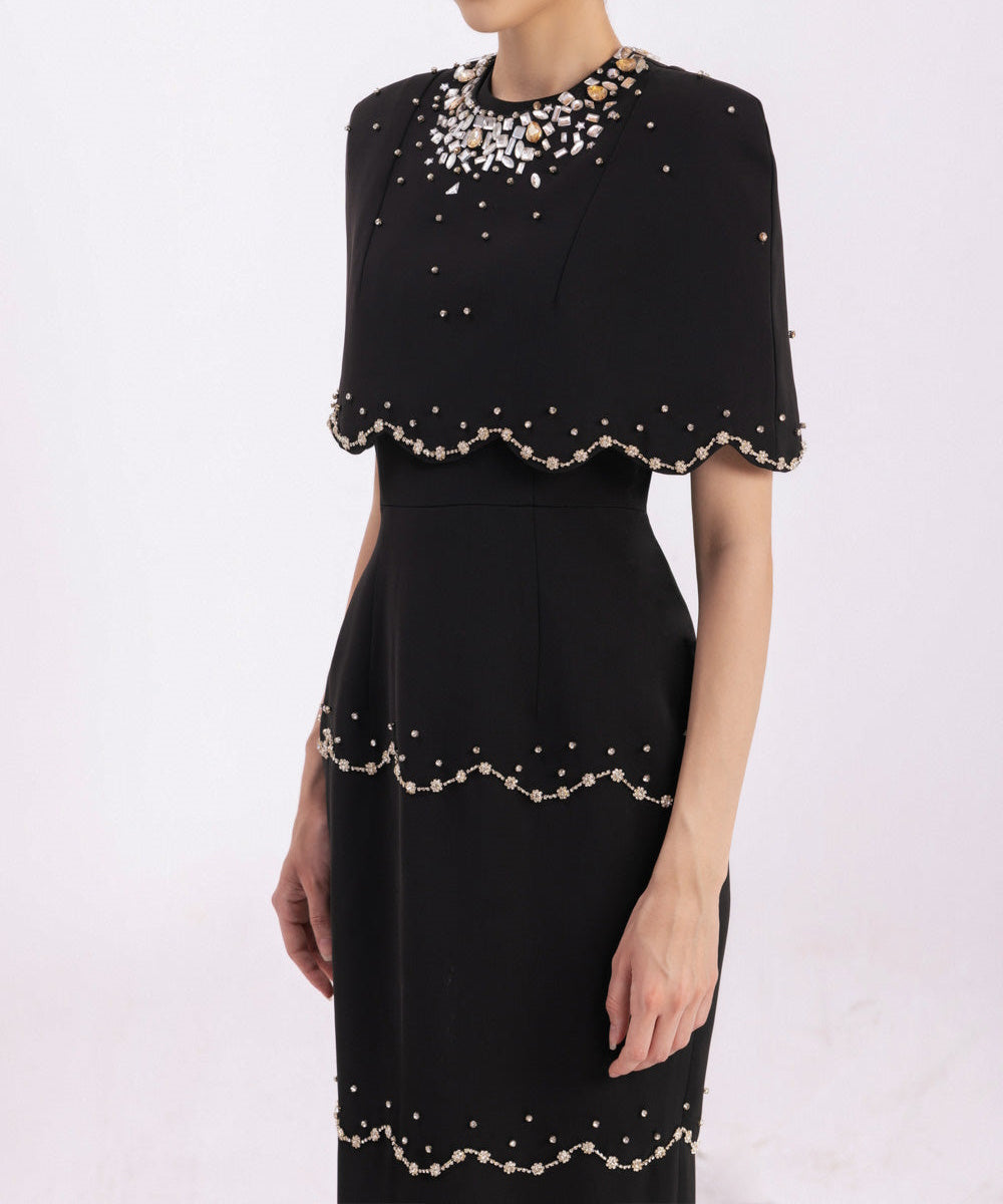 Black Cape Sleeve Beaded Column Maxi Evening Gown