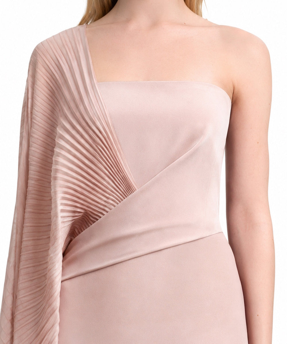 Dusty Pink Strapless Mermaid Maxi Gown with Pleated Chiffon Cape Sleeve