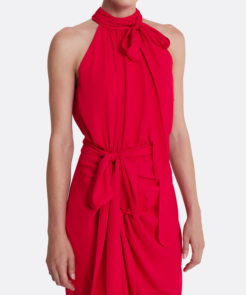 Red Halter Neck Bow Tie Draped Midi Chiffon Cocktail Dress
