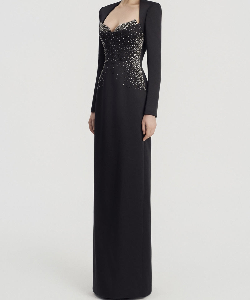 Black Long Sleeve Sweetheart Rhinestone Column Formal Evening Gown