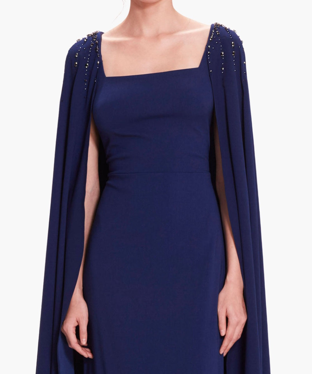 Navy Square Neck Cape Sleeve Beaded Formal Maxi Dress