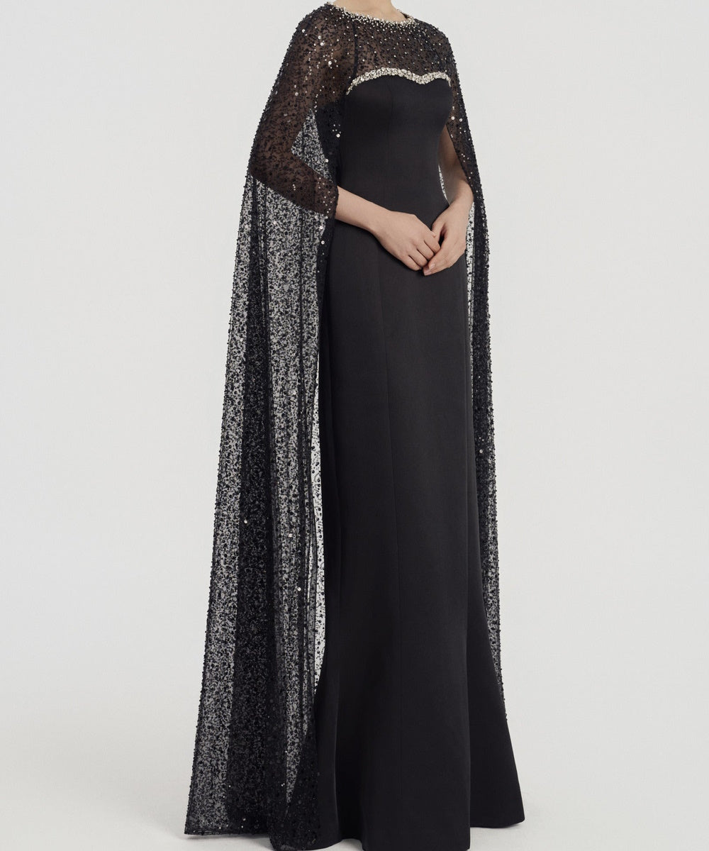 Black Beaded Cape Sleeve Mermaid Formal Evening Gown
