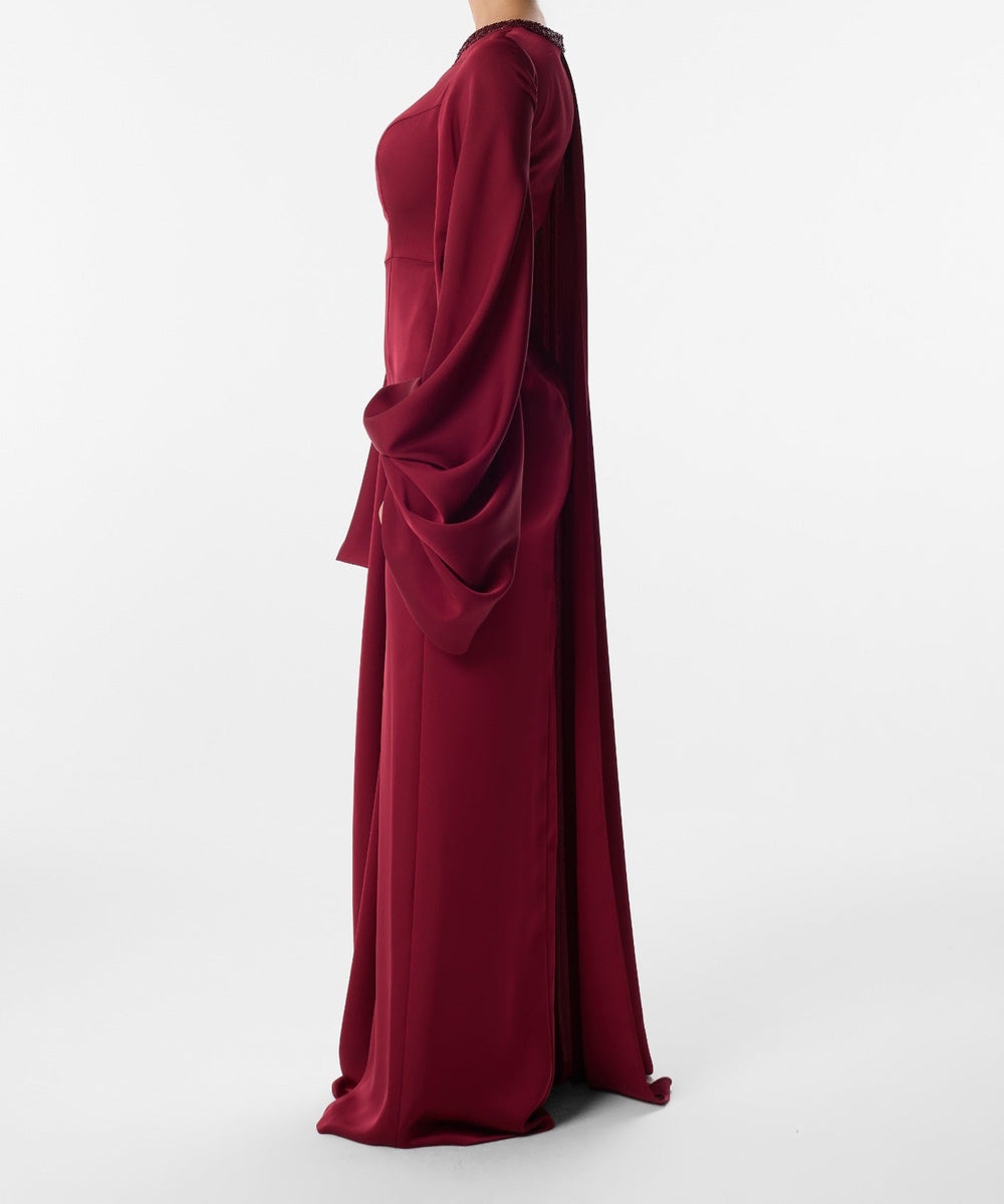 Burgundy Beaded Cape Sleeve Long Formal Evening Gown
