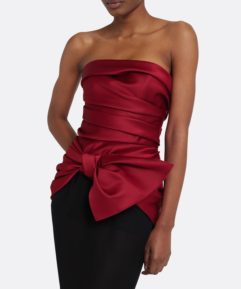 Burgundy Strapless Satin Ruched Bow Bodice Black Chiffon Mermaid Evening Gown