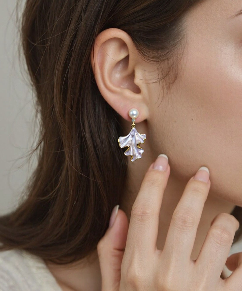 Vintage White Enamel Ginkgo Leaf Pearl Drop Dangle Earrings