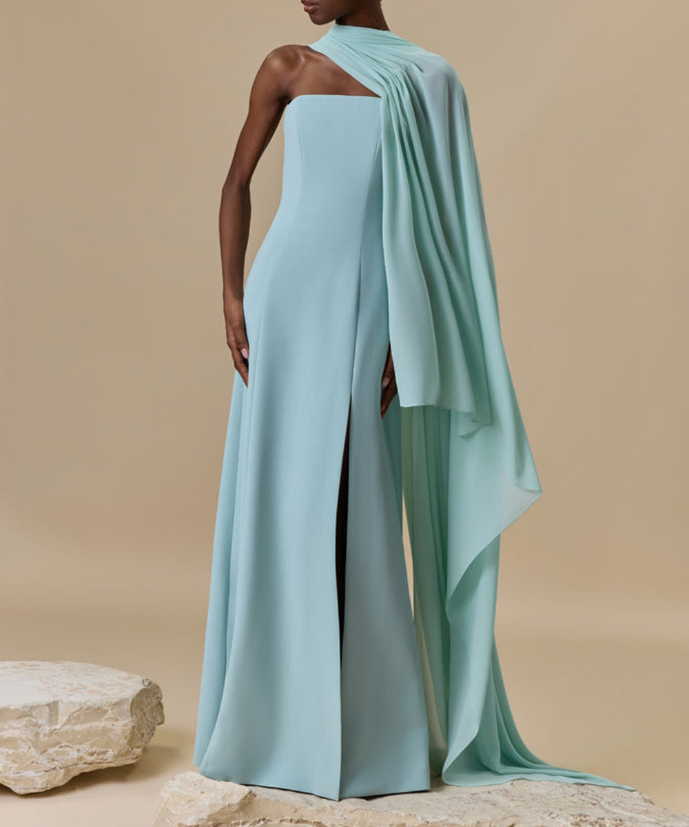 Strapless Draped Cape Sleeve Crepe Evening Gown