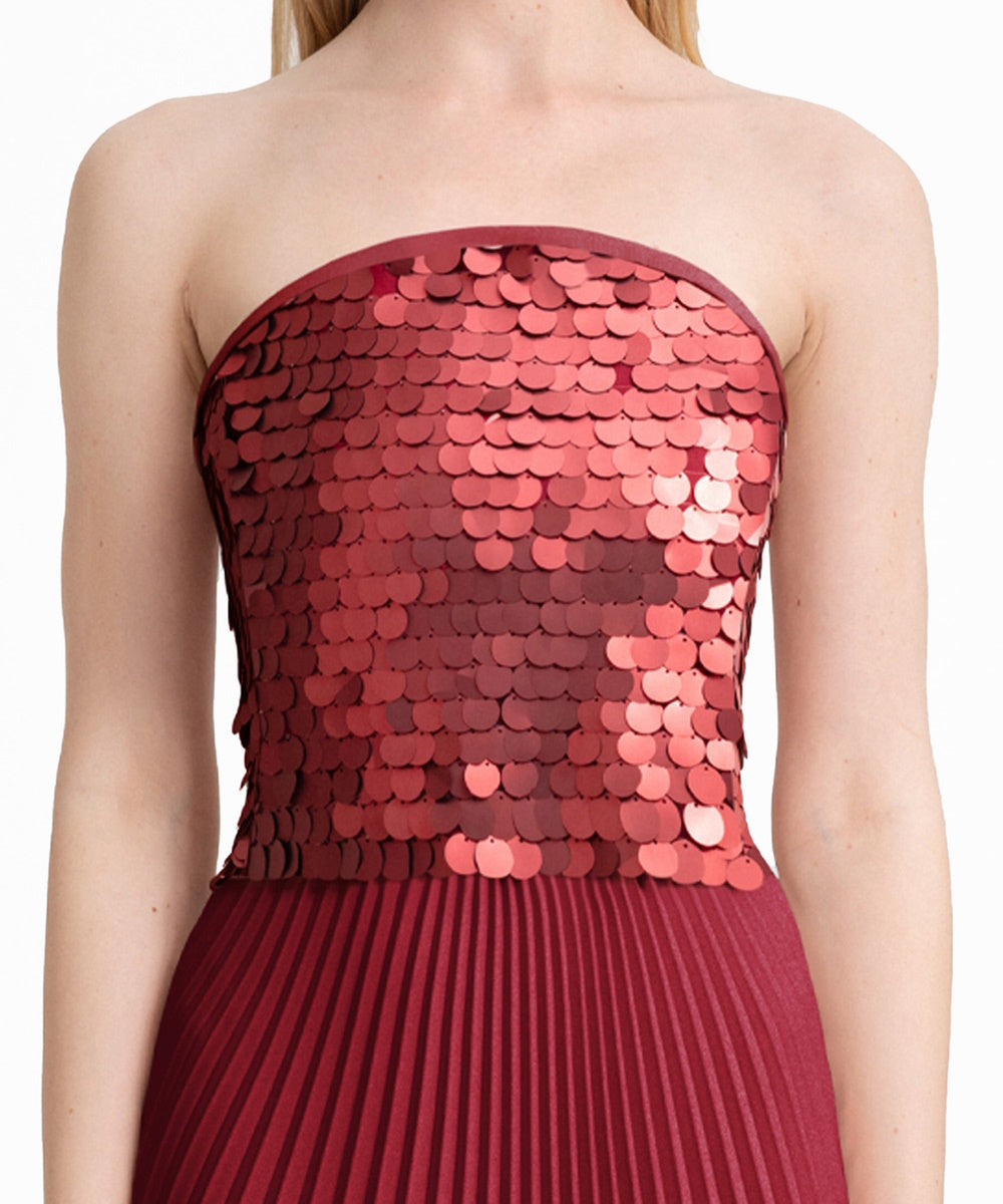 Burgundy Strapless Sequin Bodice Pleated Maxi Evening Gown