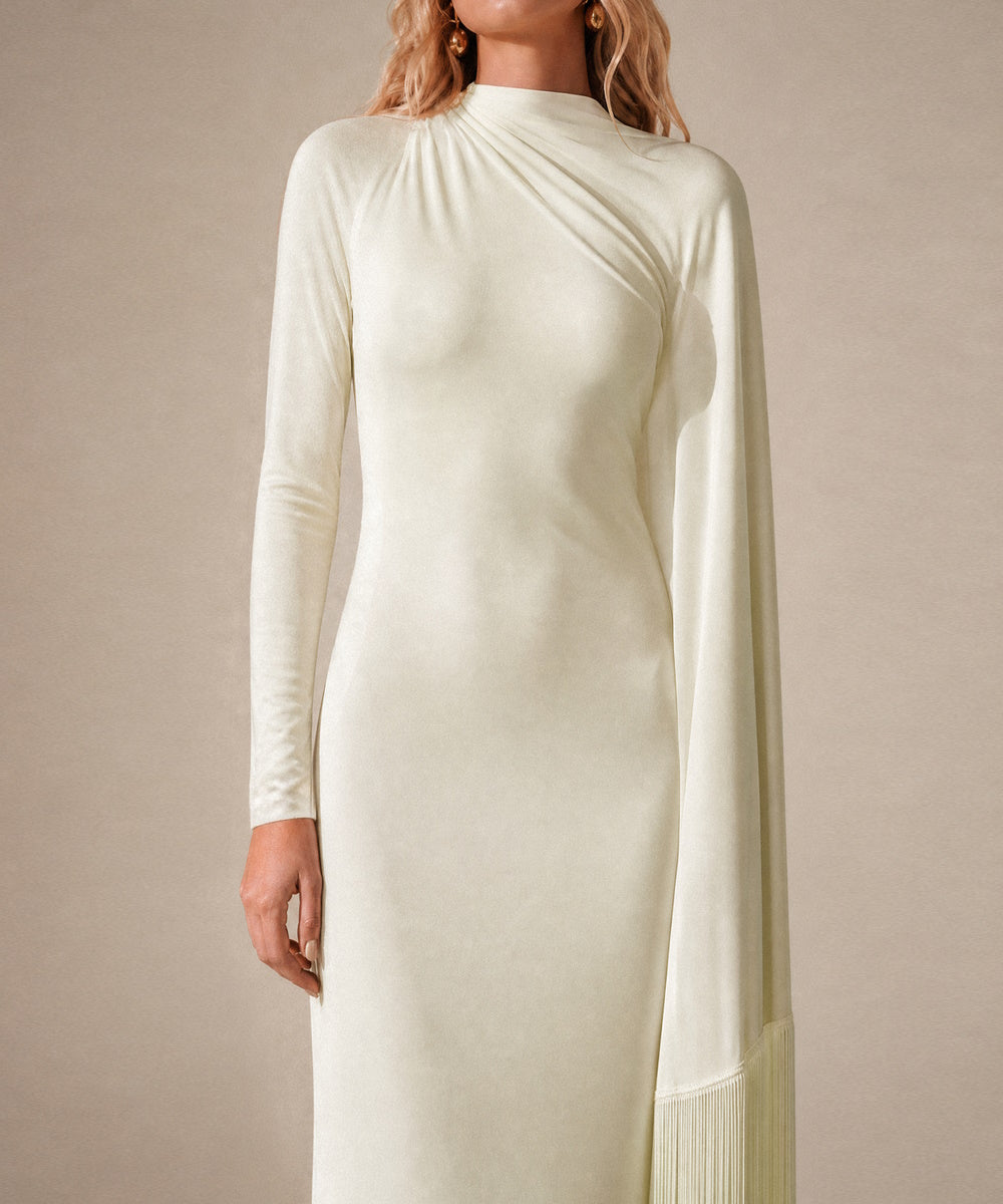 Cream High Neck Asymmetric Draped Fringe Cape Sleeve Mermaid Maxi Evening Gown