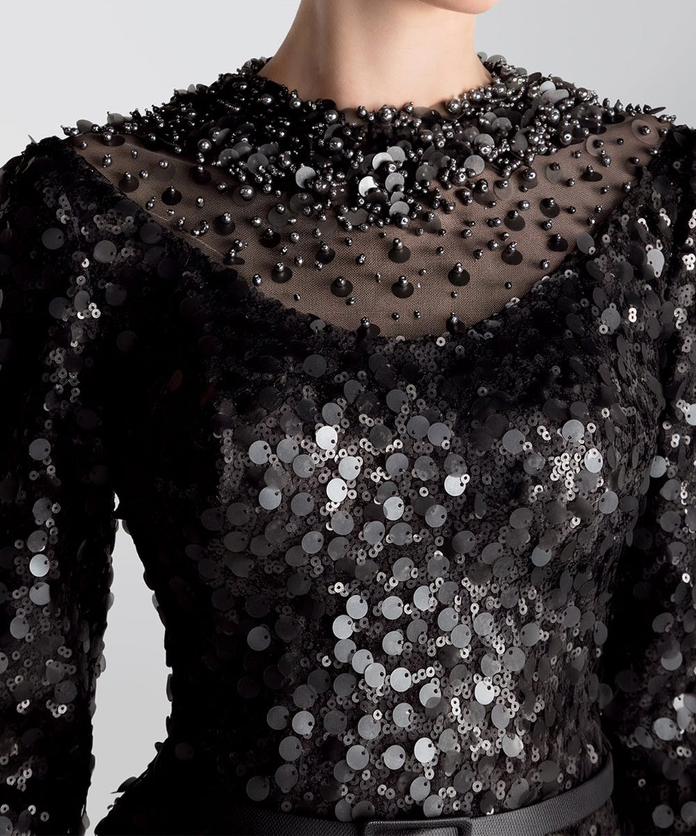 Black Long Sleeve Beaded Sequin Mermaid Evening Gown