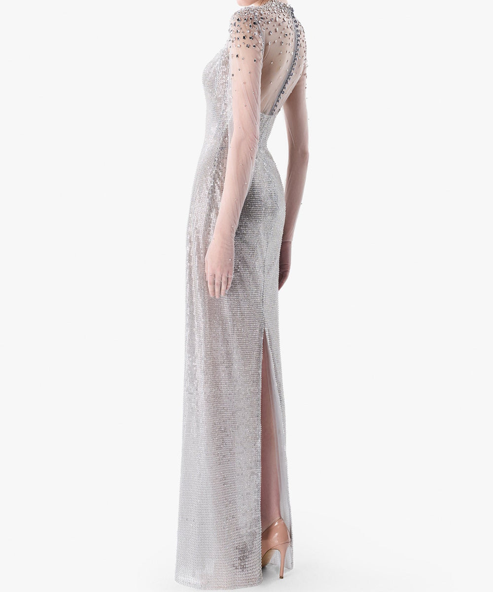 Silver Sequin High Neck Sheer Mesh Long Sleeve Fitted Column Evening Gown