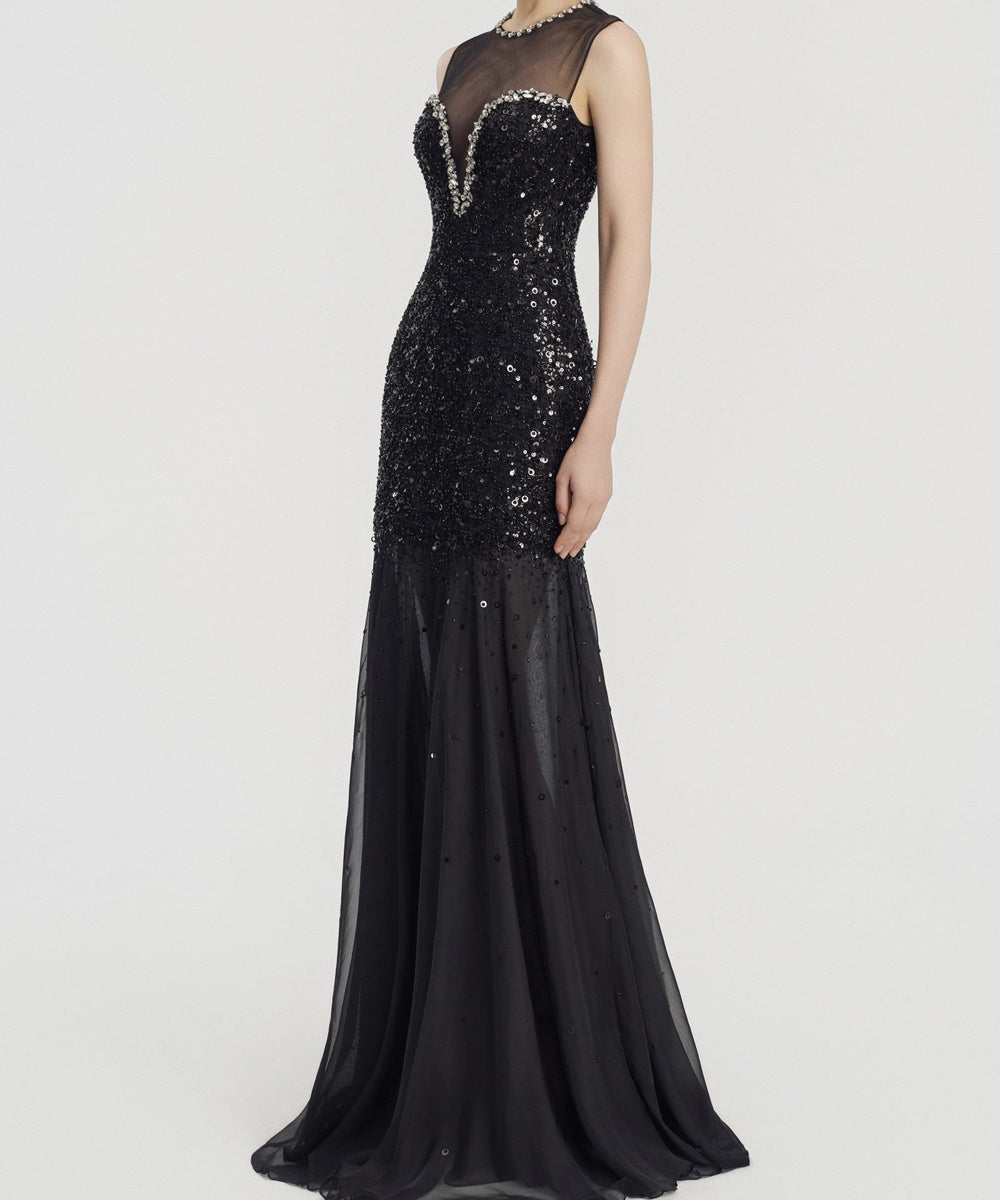 Black Sleeveless Illusion Neck Sequin Beaded Mermaid Evening Gown