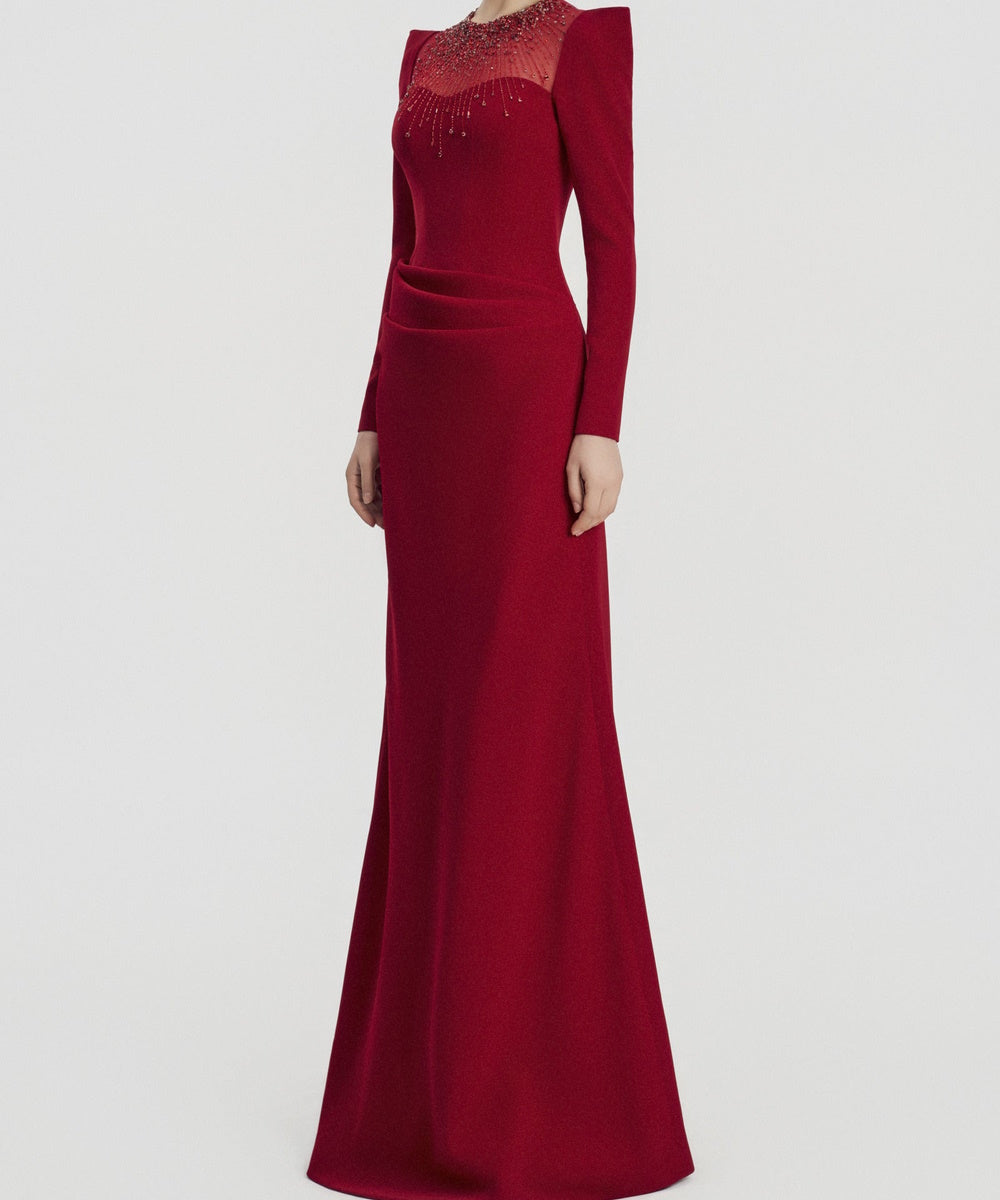 Red Structured Shoulder Long Sleeve Beaded Mermaid Evening Gown