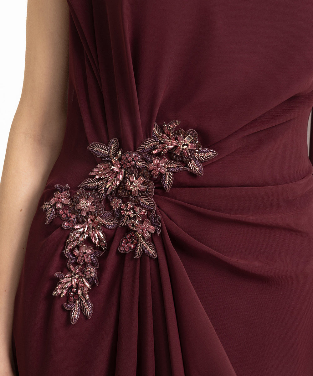Burgundy Asymmetric Draped Chiffon Gown with Beaded Floral Embellishment