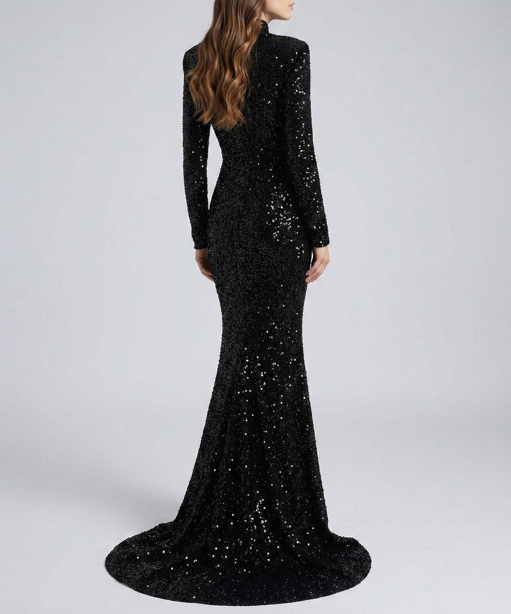 Black Sequin High Neck Long Sleeve Mermaid Evening Gown With Train
