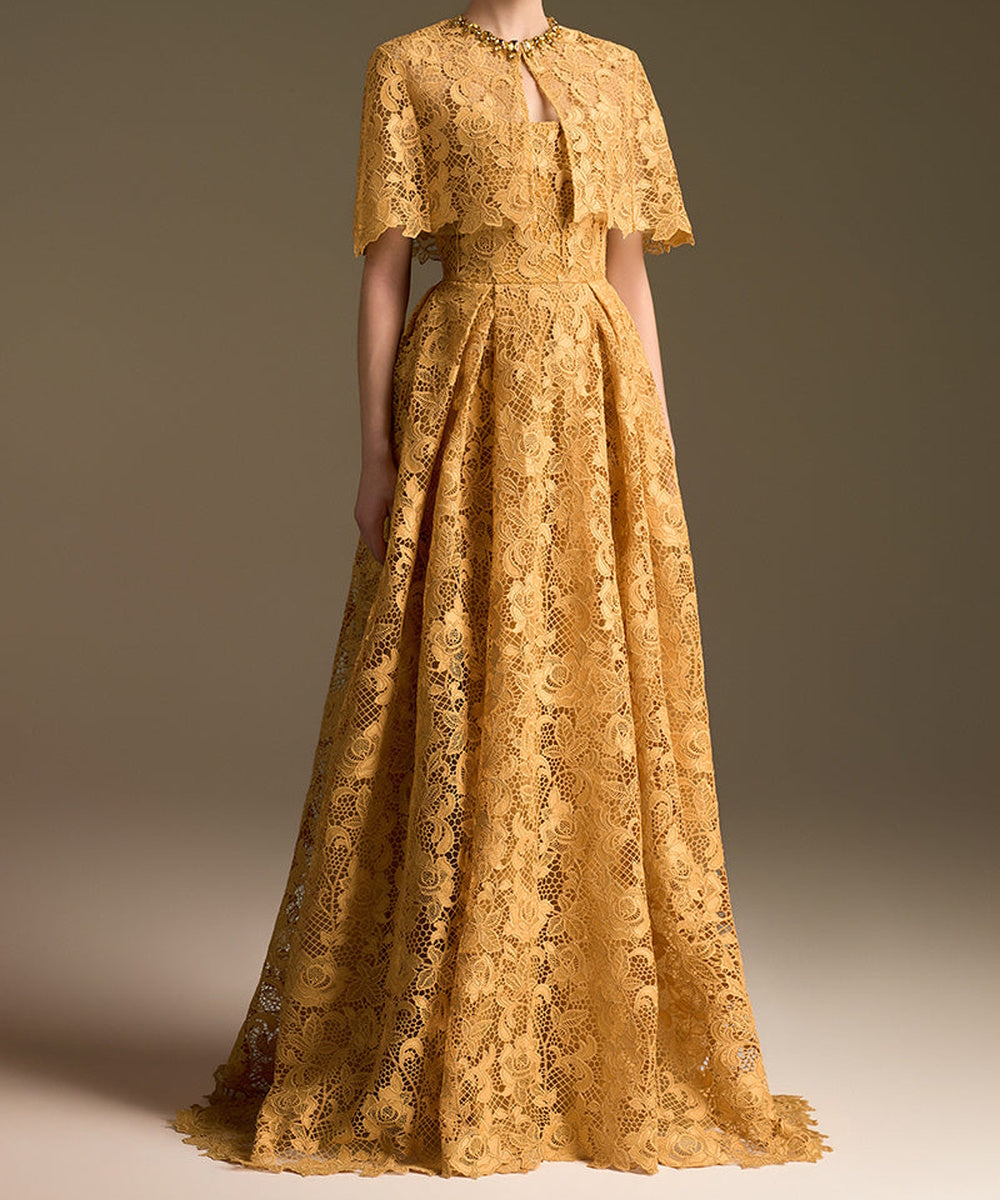 Golden Lace Cape Sleeve Maxi Formal Evening Gown