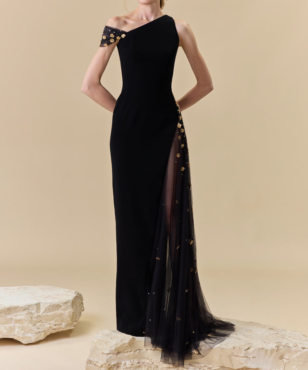 Asymmetrical One Shoulder Black Gown With Gold Floral Tulle Slit