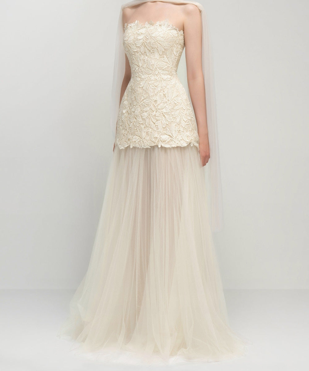 Strapless Leaf Lace Bodice Flowy Tulle Wedding Dress with Draped Shoulder Tulle Cape
