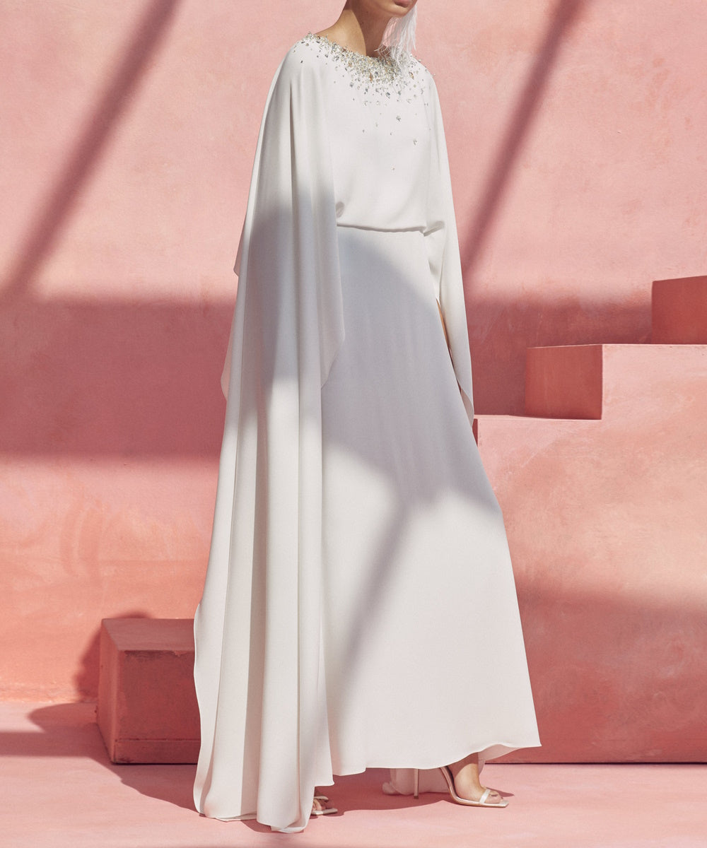 Elegant Cape Sleeve Rhinestone Neckline Loose Satin Maxi Evening Abaya Dress