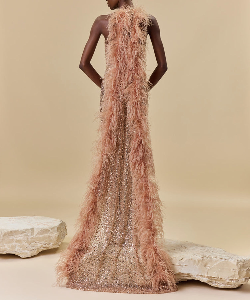 Champagne Sequin Halter Feather Trim Mermaid Evening Gown