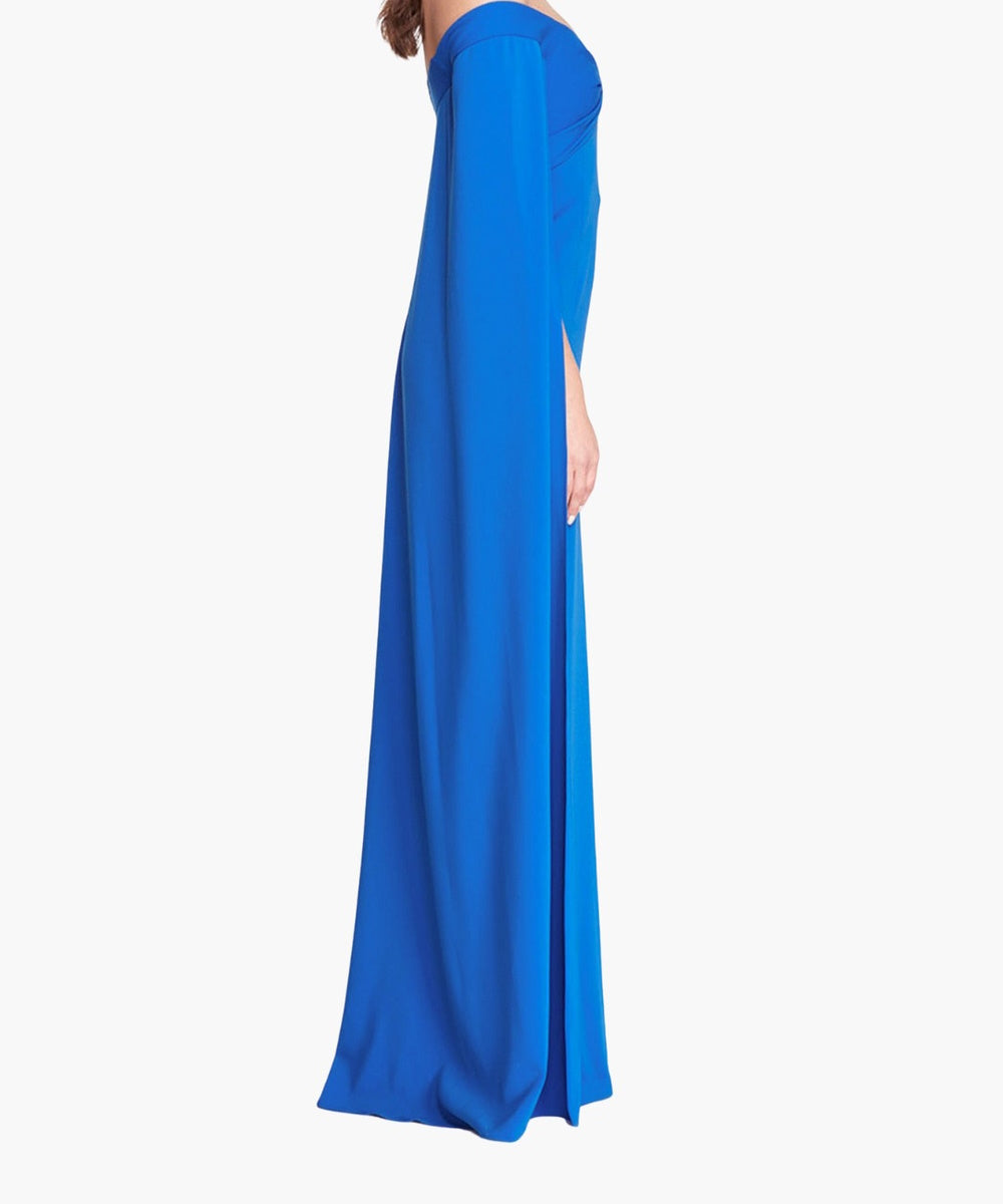 Bright Blue Off The Shoulder Cape Sleeve Sheath Formal Gown