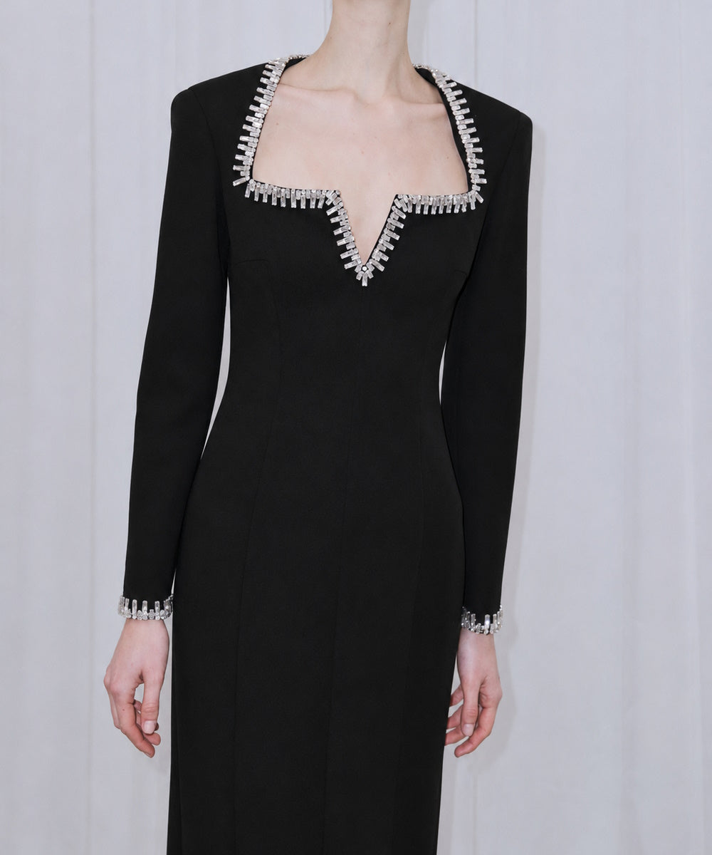 Black Long Sleeve Fitted Evening Gown with Square Crystal Neckline
