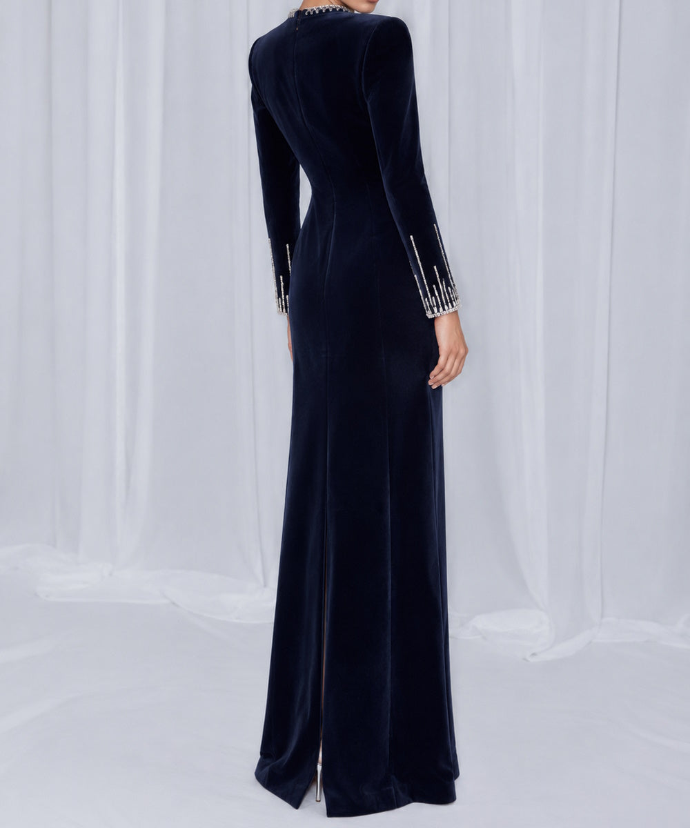 Navy Blue Long Sleeve Velvet Mermaid Evening Gown with Crystal Embellishments