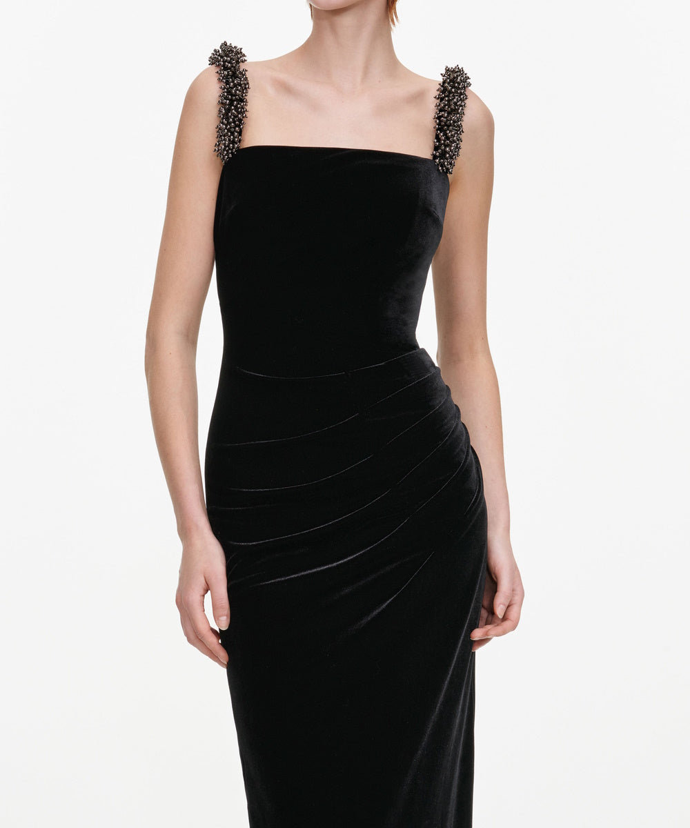 Beaded Strap Square Neck Black Velvet Mermaid Evening Gown with Back Slit