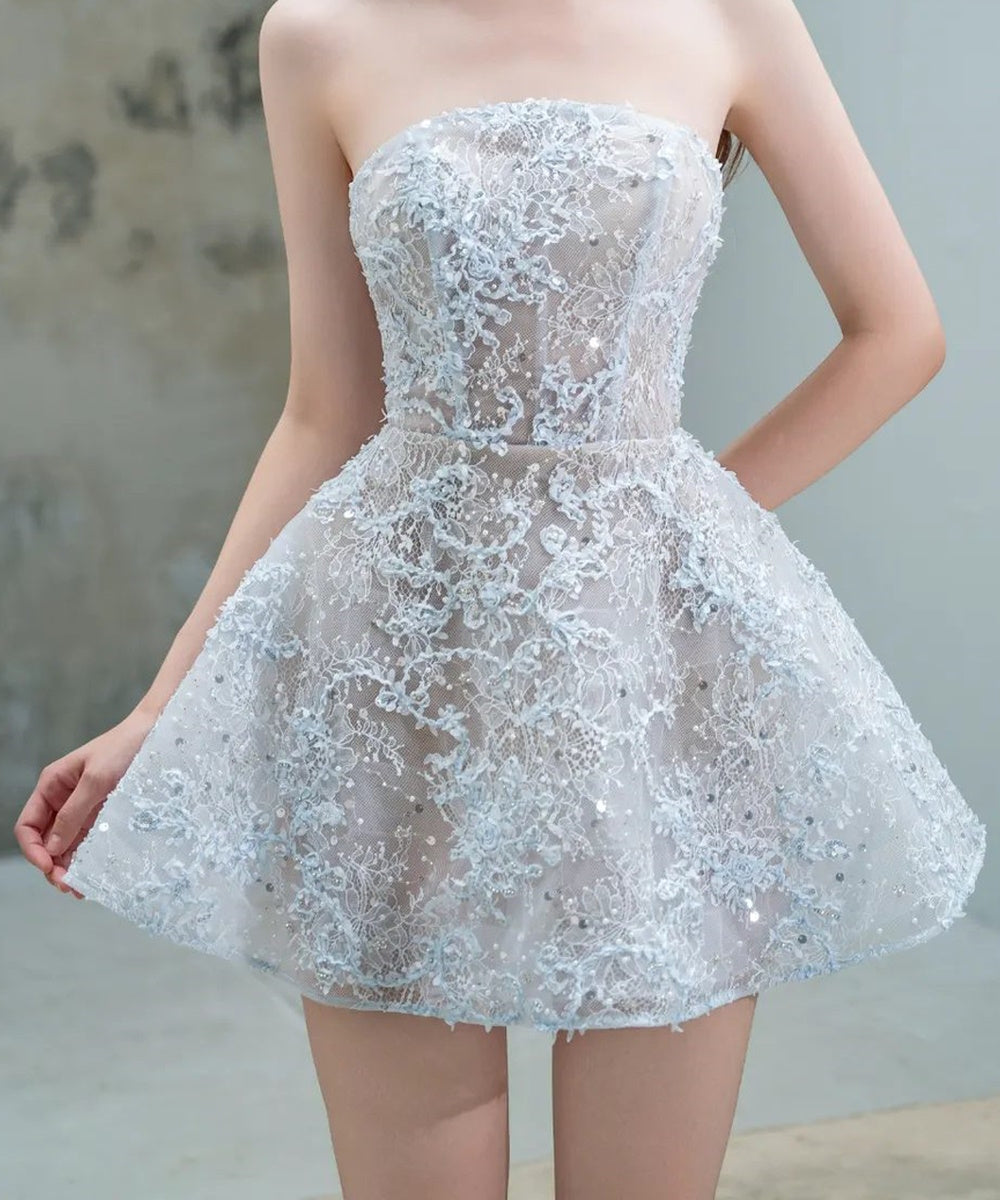 Strapless Light Blue 3D Floral Lace Mini Homecoming Dress