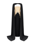 Black Strapless Mermaid Evening Gown With Champagne Lace Appliqué And Detachable Cape
