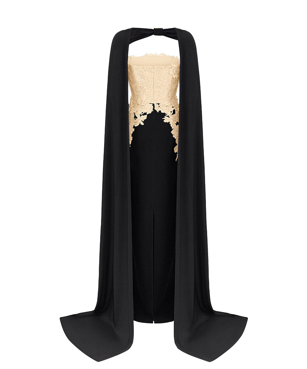 Black Strapless Mermaid Evening Gown With Champagne Lace Appliqué And Detachable Cape