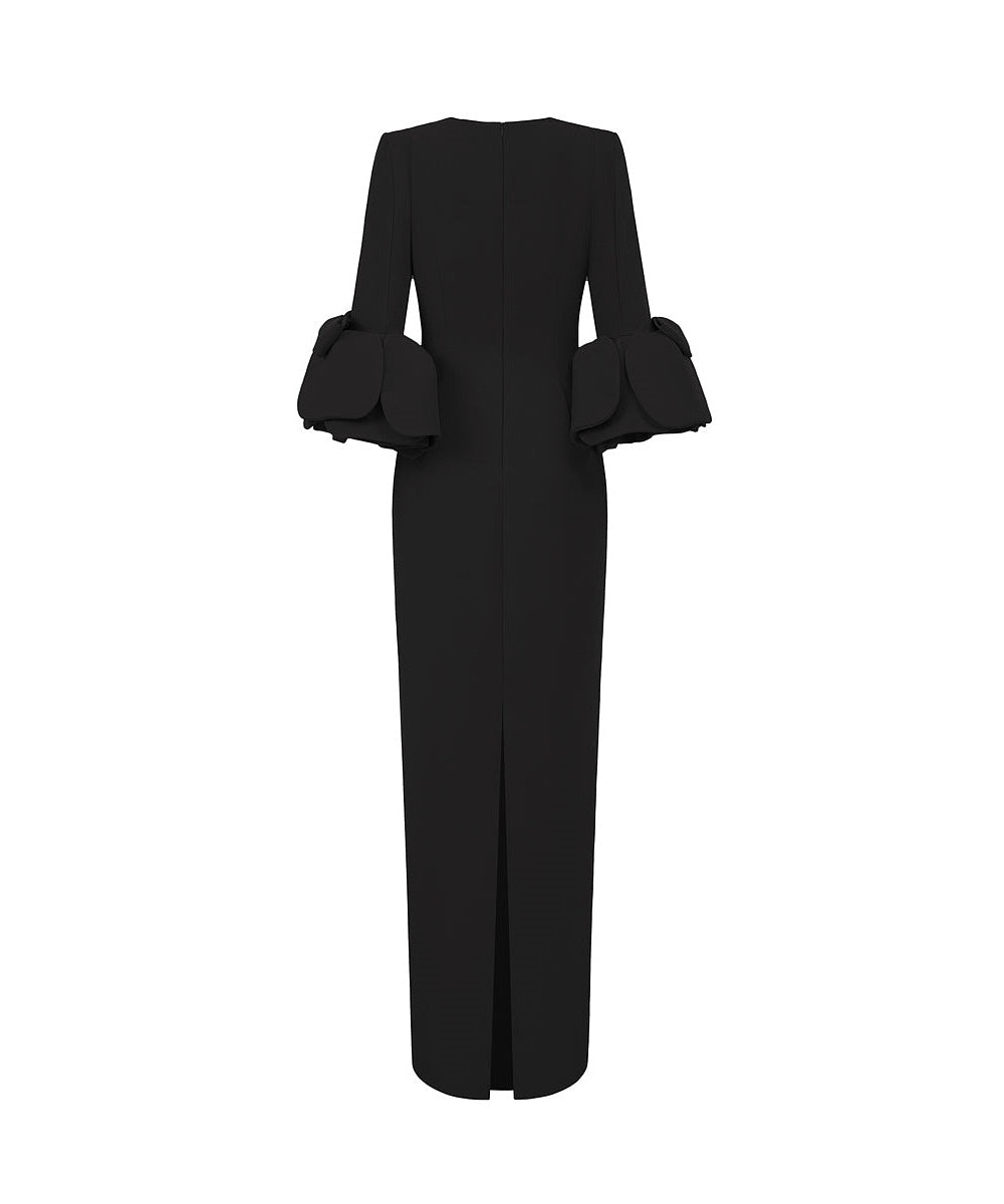 Black Square Neck Maxi Formal Gown With Statement Bow Bell Sleeves