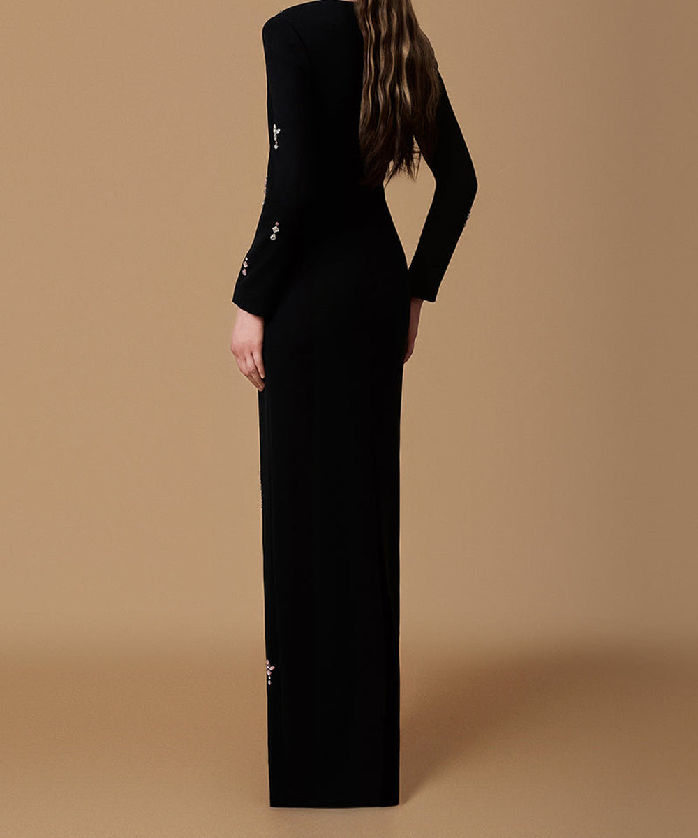 Black Long Sleeve Square Neck Midi Evening Gown With Pink Crystal Embellishments