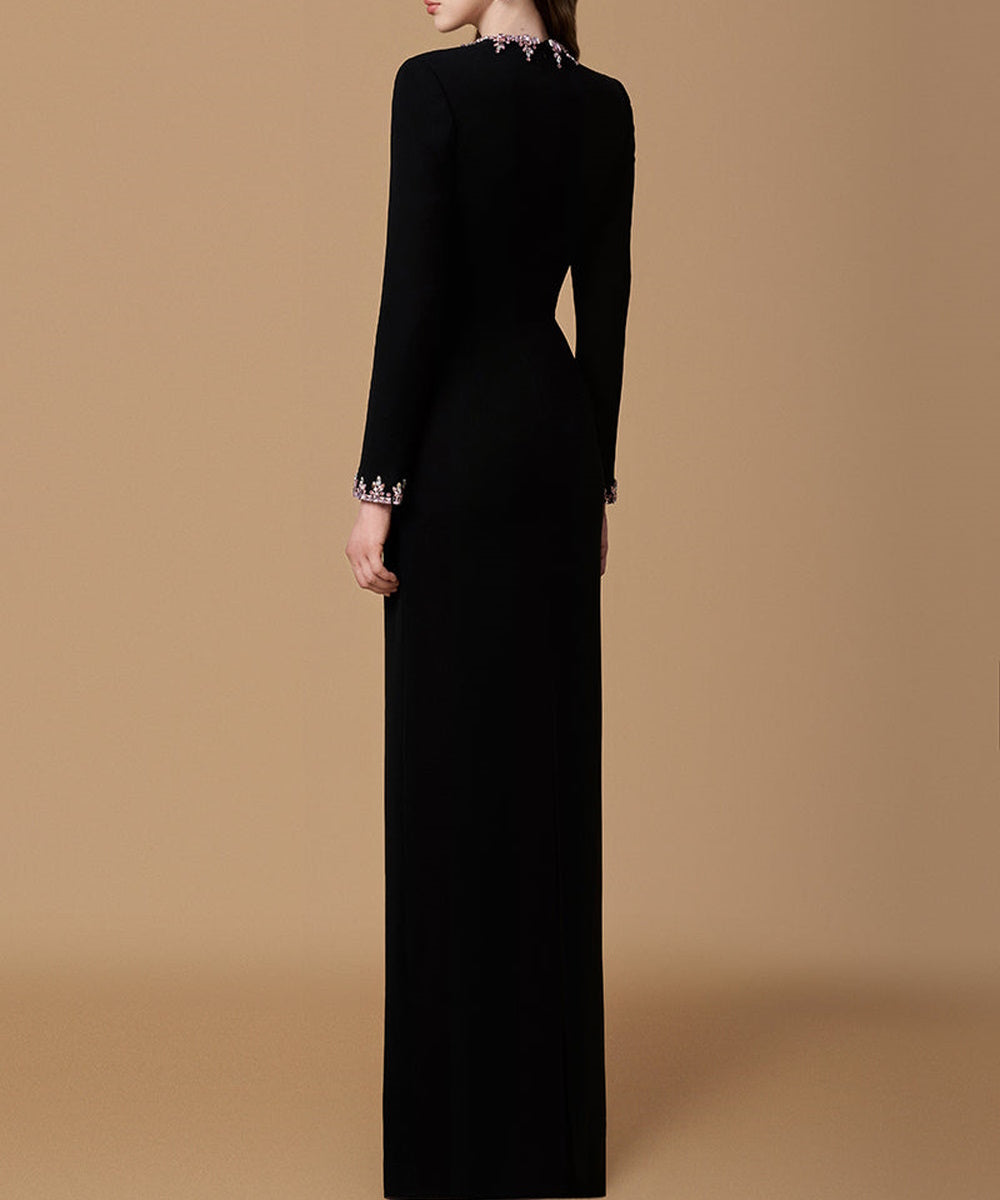 Black Long Sleeve High Neck Maxi Evening Gown With Pink Crystal Embellishments