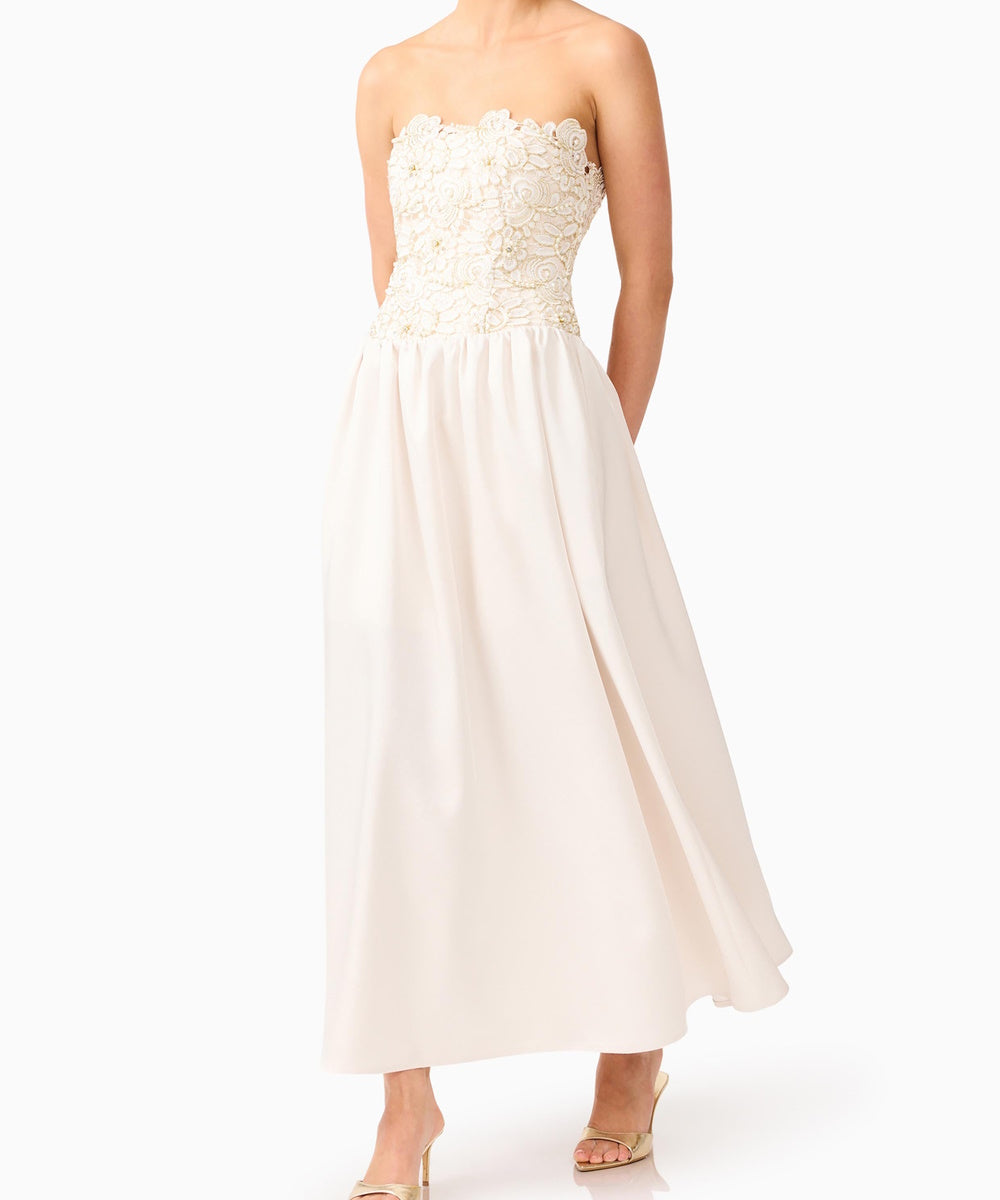 Strapless Floral Lace Beaded Midi Wedding Guest Dress With Removable Spaghetti Straps