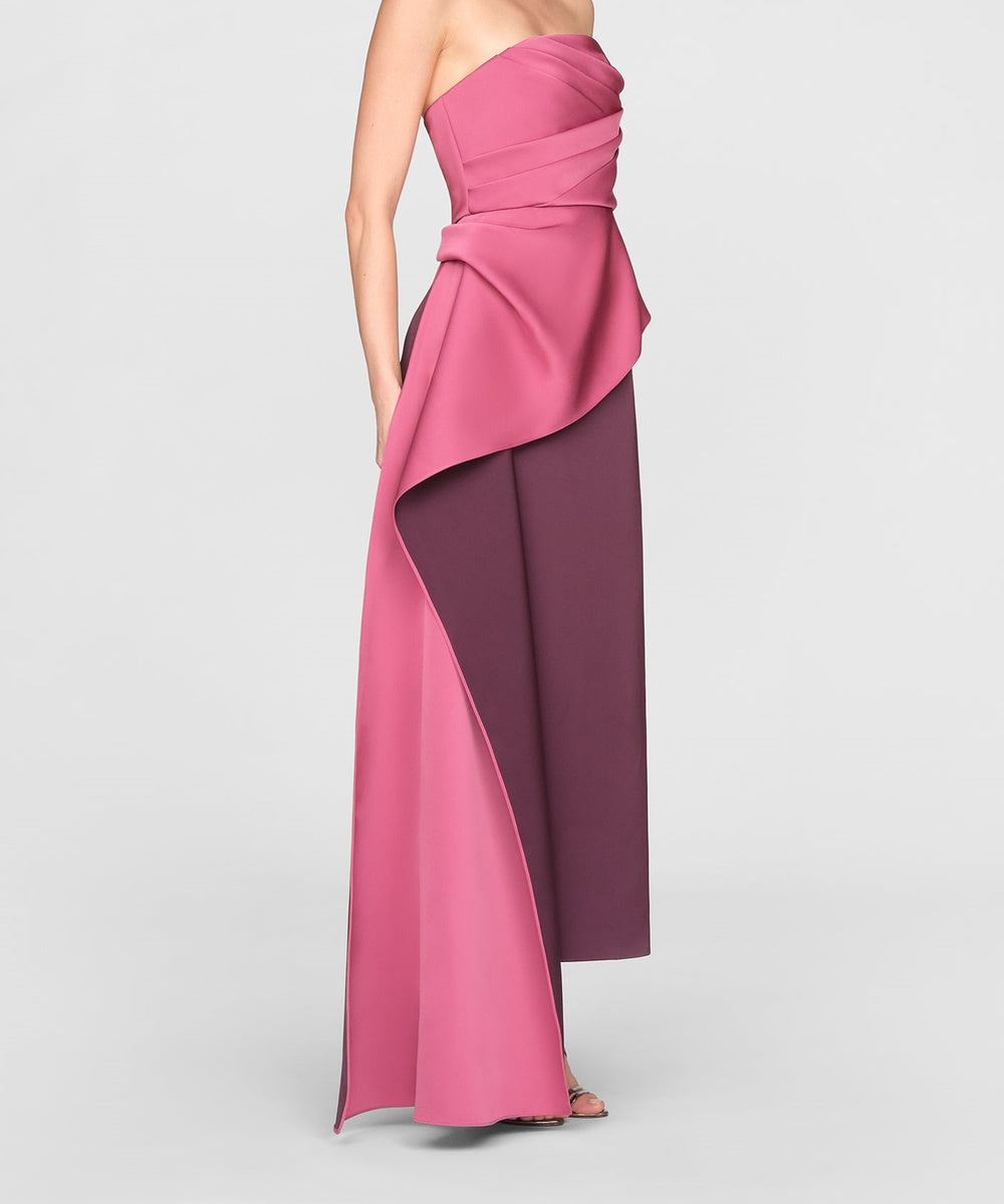 Strapless Two-Tone Satin Draped Midi Formal Gown