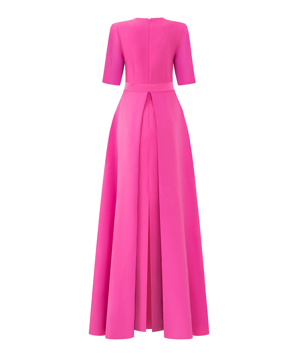 Fuchsia Overlay Skirt Formal Gown With Crystal Embellishments and Short Sleeves
