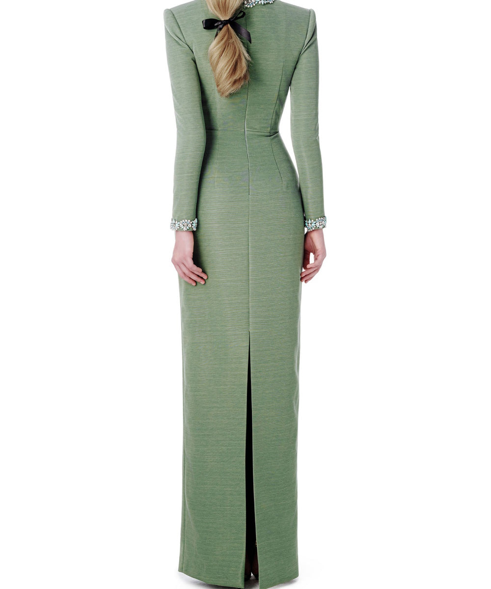 Green Long Sleeve Beaded Deep V Neck Sheath Formal Gown