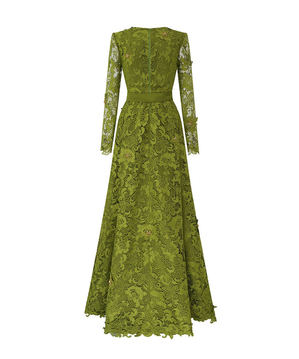 Olive Green Square Neck Long Sleeve Lace A-Line Evening Gown With Satin Belt