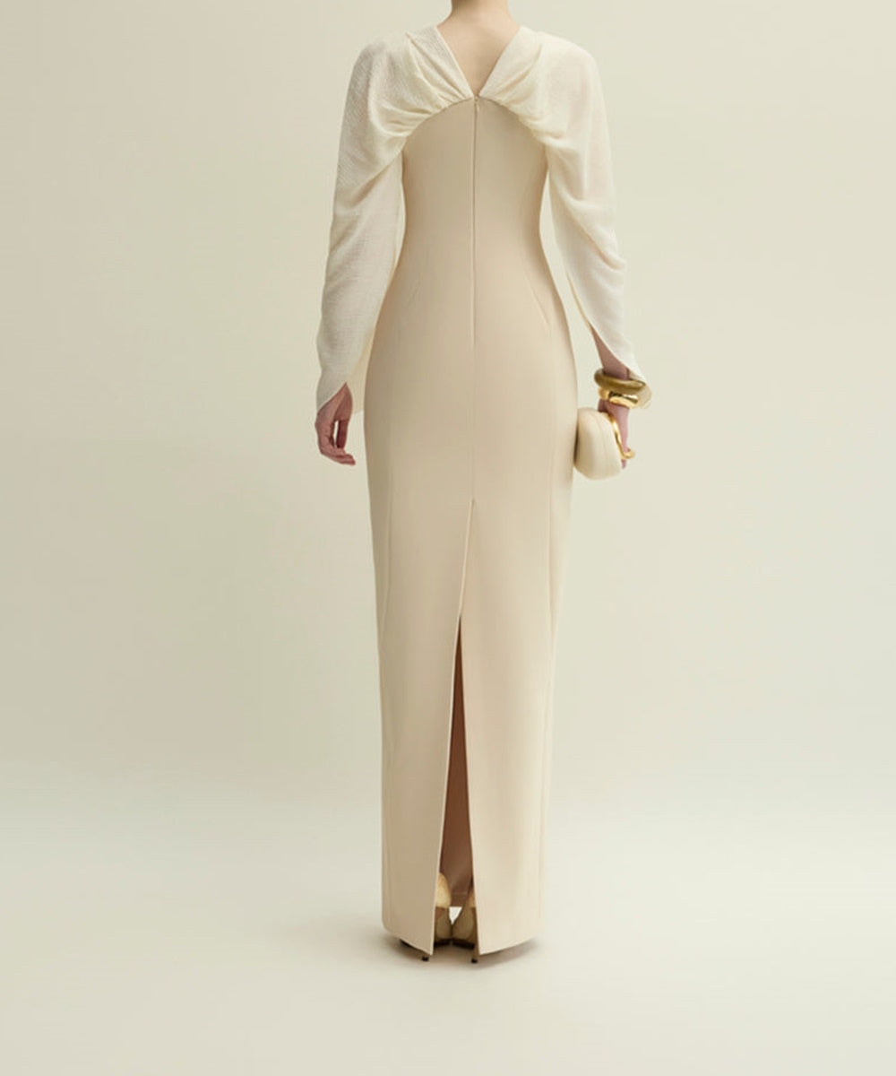 Cream Cape Sleeve Column Maxi Formal Gown With Decorative Gold Buttons
