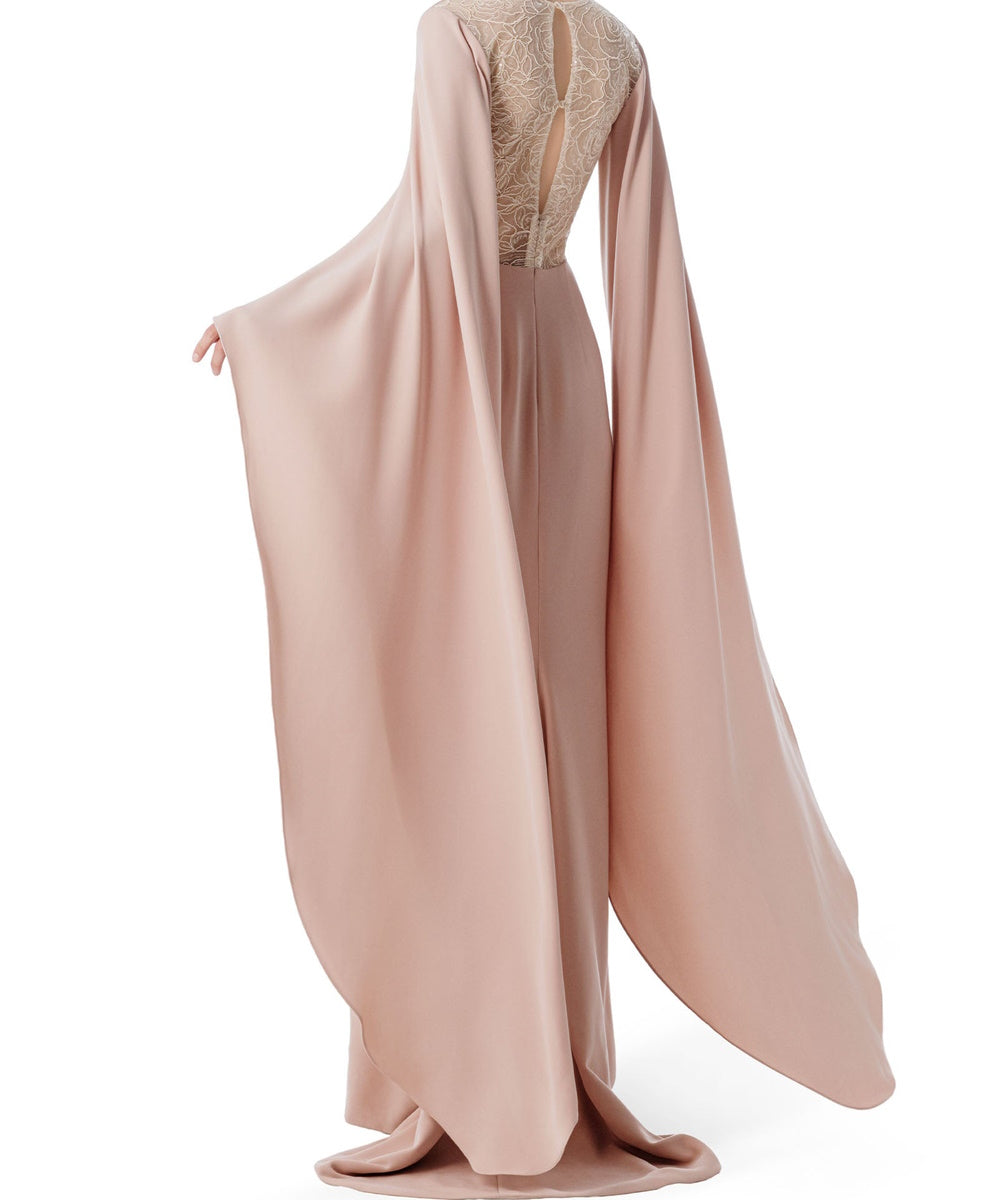 Dusty Pink V-Neck Cape Sleeve Lace Back Formal Maxi Gown