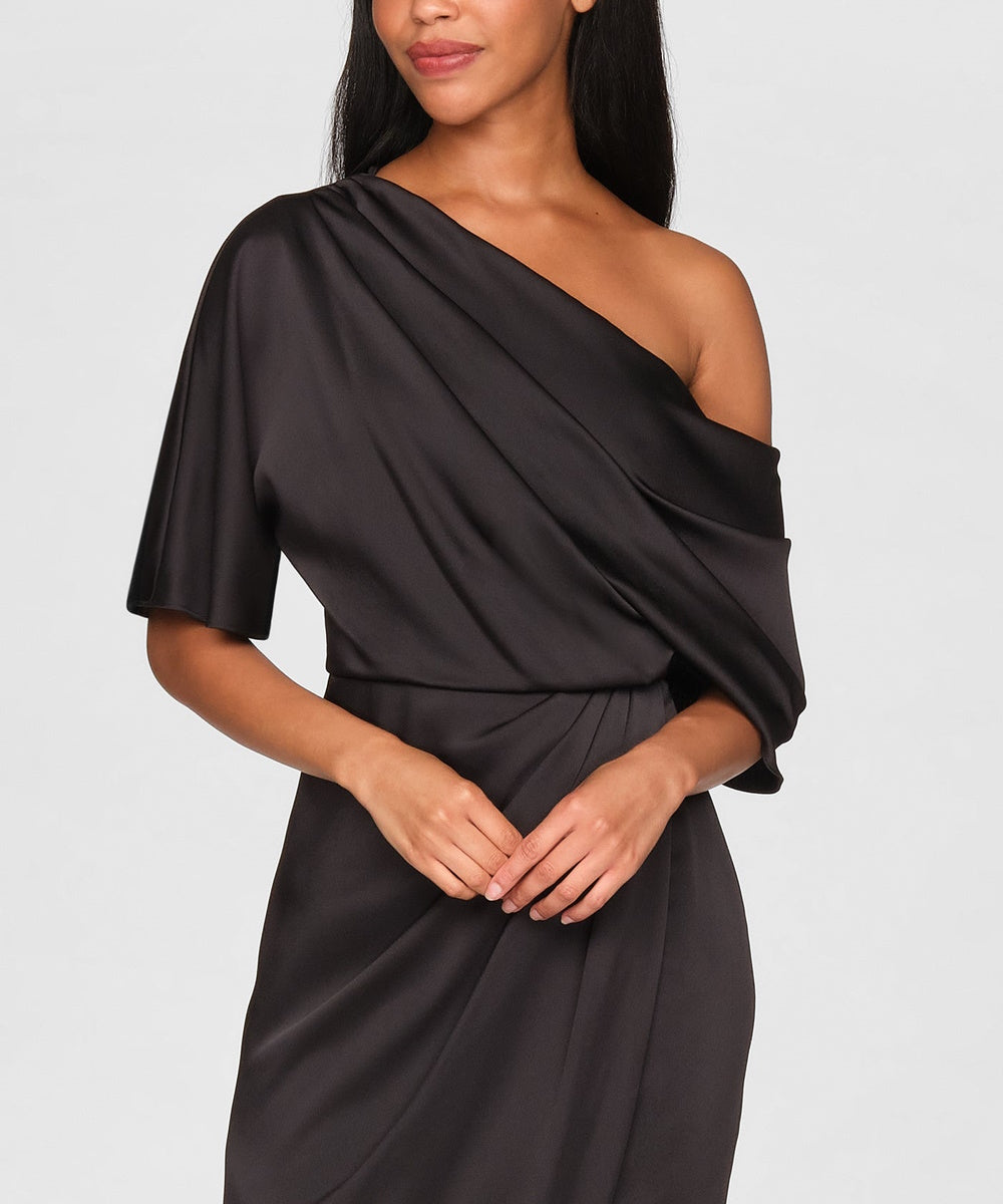 One Shoulder Draped Satin Midi Formal Dress