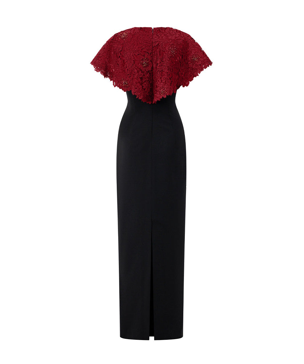 Black Fitted Maxi Evening Dress With Burgundy Beaded Lace Capelet