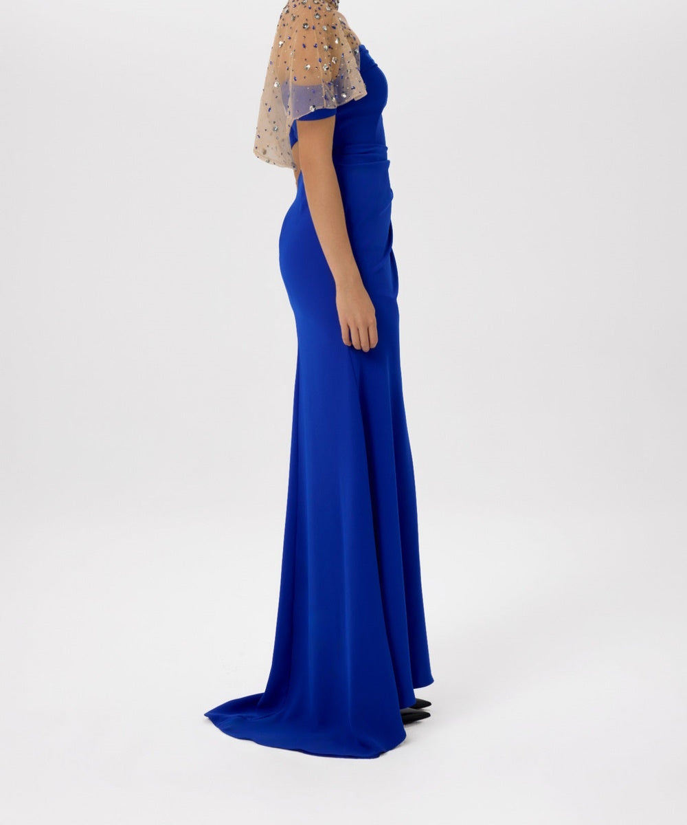 Strapless Royal Blue Slit Formal Gown With Detachable Beaded Tulle Cape